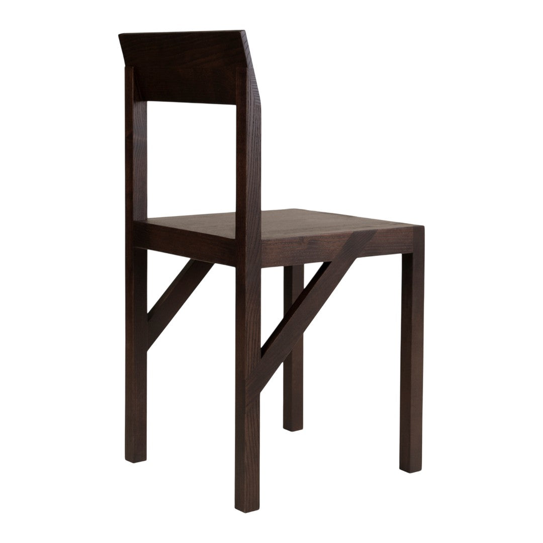 Brown wooden chair with a minimalist design and simple geometric patterns.