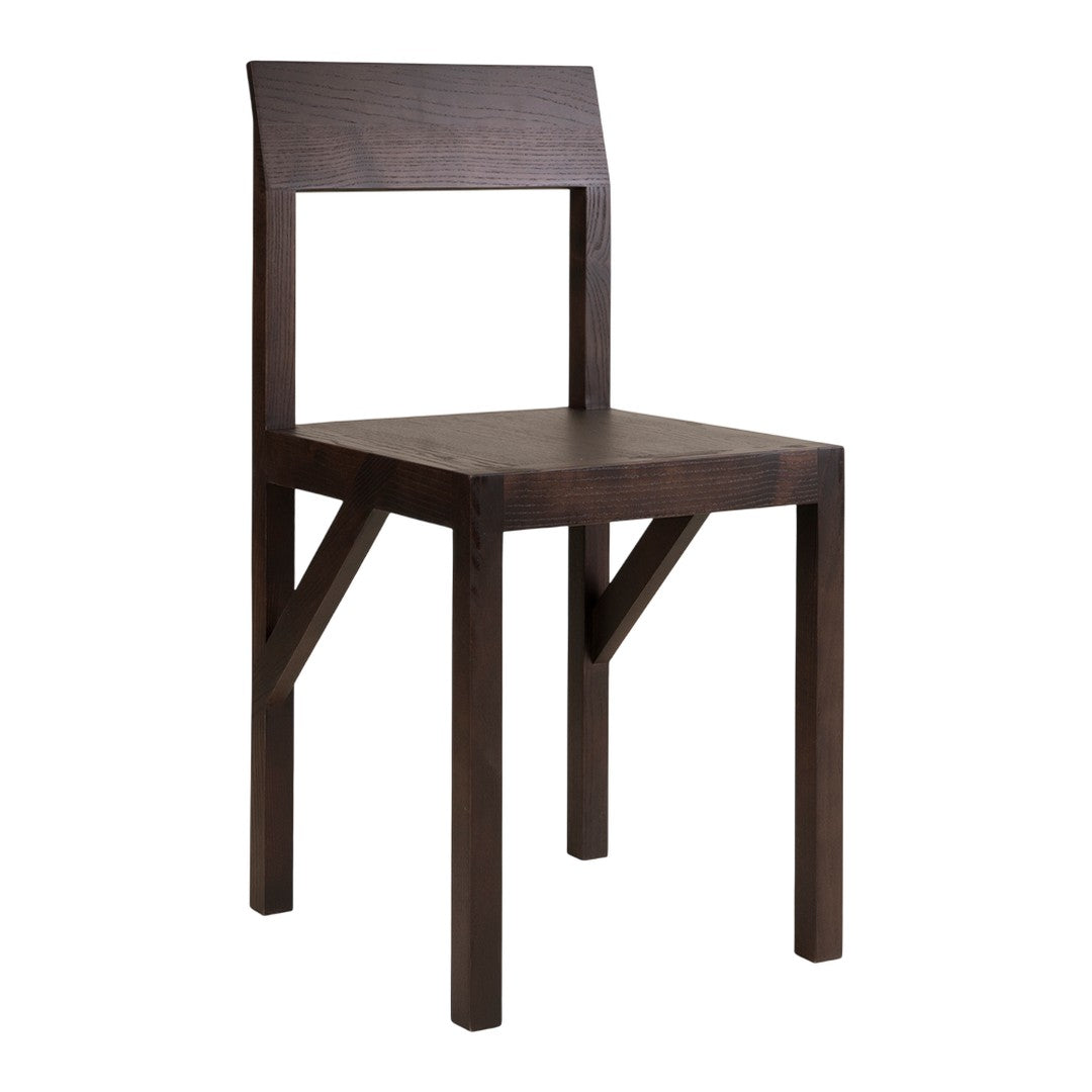 Brown wooden chair with a minimalist design and smooth, clean lines. Perfect for modern decor.