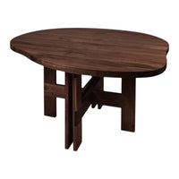 Natural walnut wood coffee table with a unique, irregular oval shape and rich brown tones.