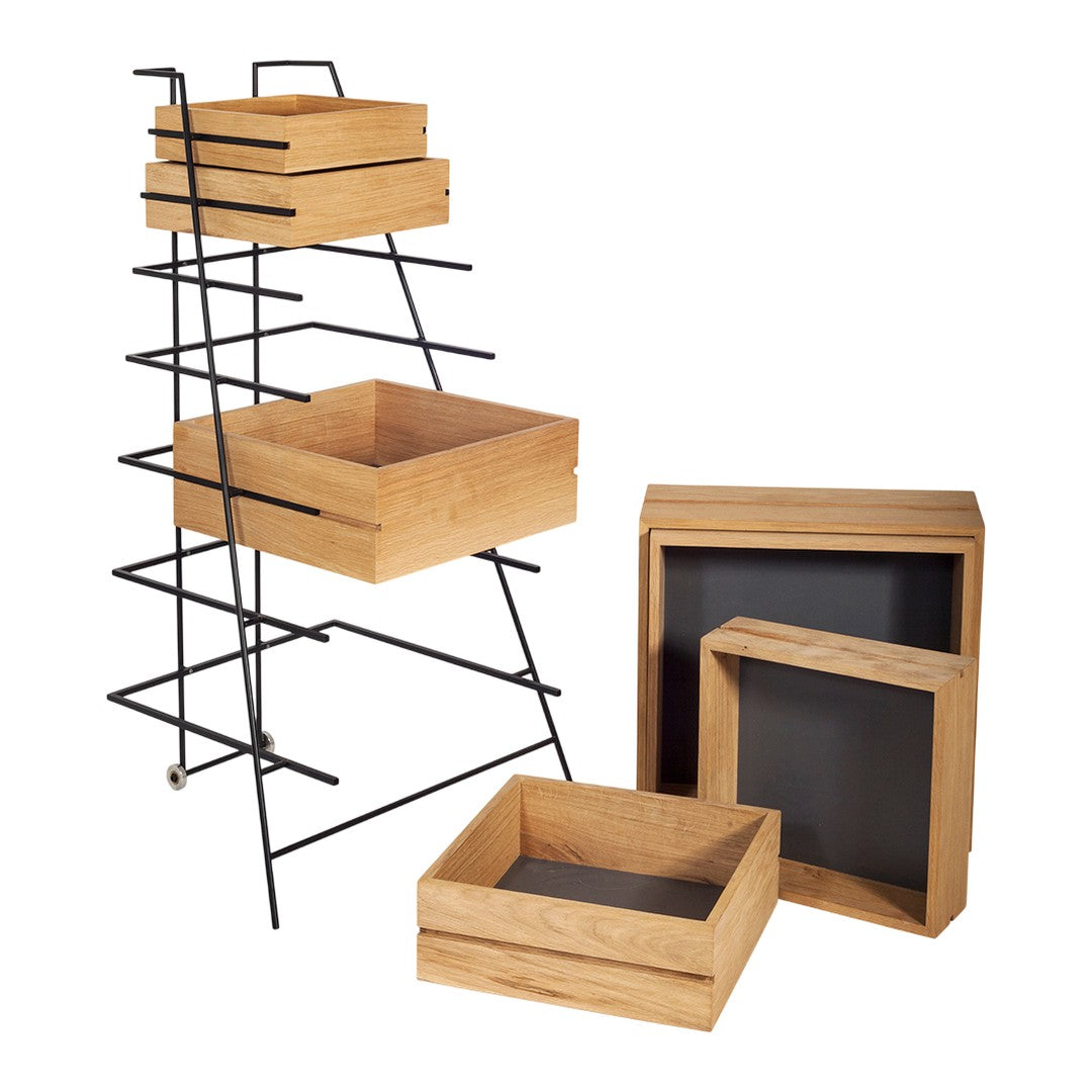 Wooden storage boxes with a natural finish, featuring a sleek black metal frame and geometric stacking design.