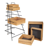 Wooden storage boxes with a natural finish, featuring a sleek black metal frame and geometric stacking design.