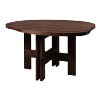 Round dark walnut table with a smooth surface and minimalist design. Ideal for modern dining spaces.
