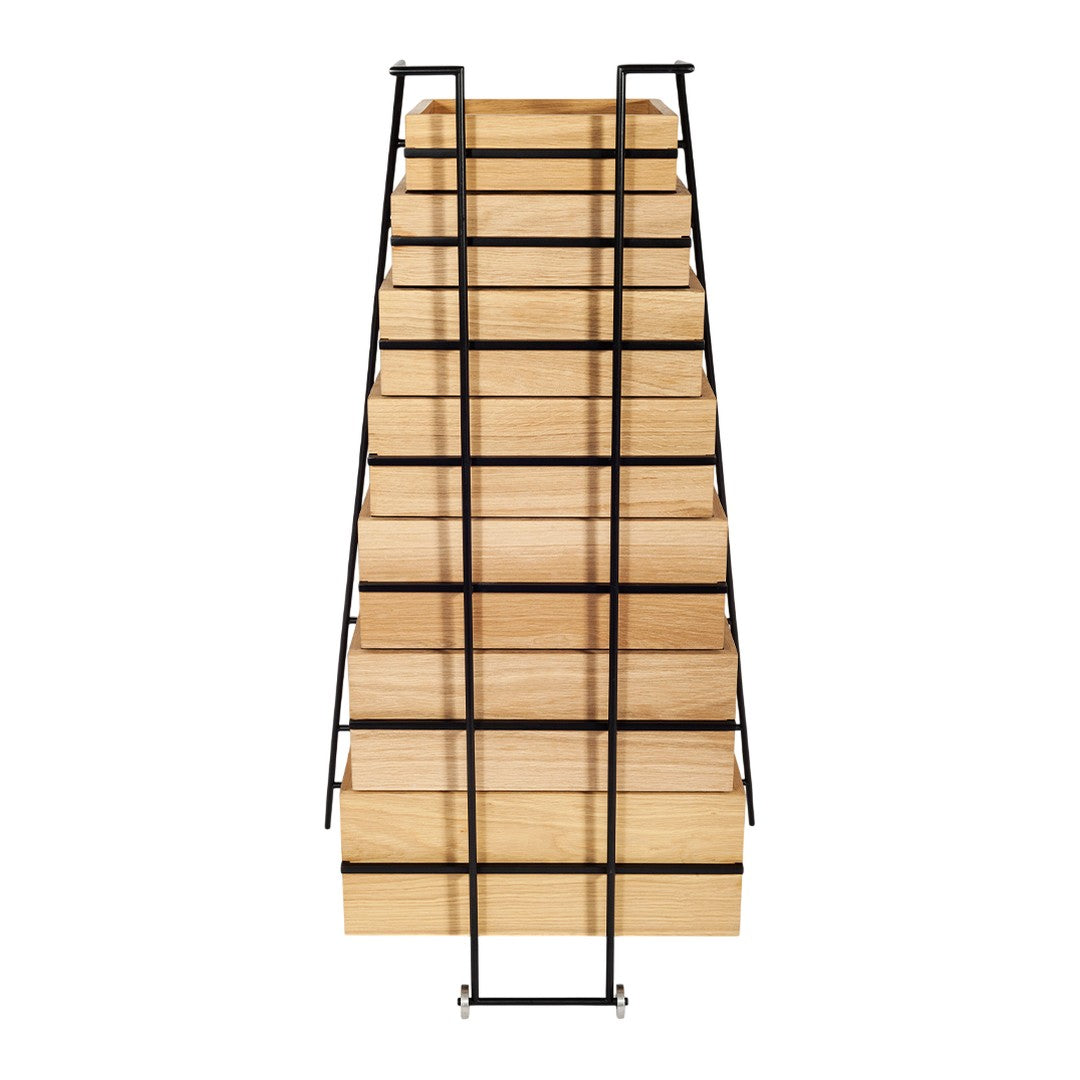 Wooden display rack with natural wood finish and sleek black metal accents, showcasing a modern, minimalistic design.