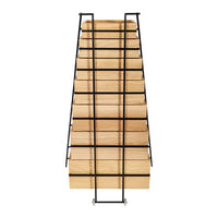 Wooden display rack with natural wood finish and sleek black metal accents, showcasing a modern, minimalistic design.