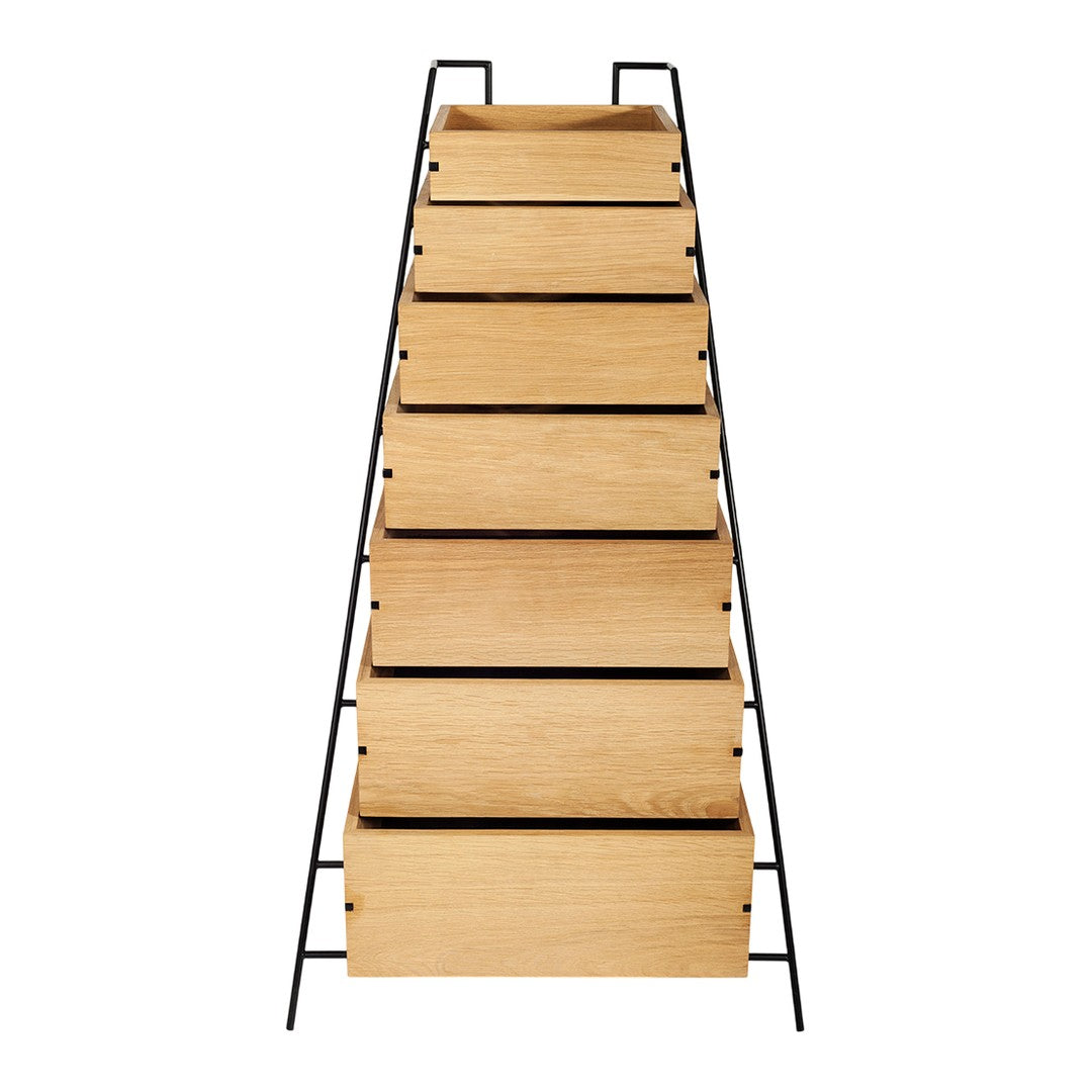 Wooden ladder shelf with a natural oak finish and sleek black metal frame, featuring clean lines and modern design.