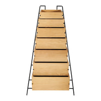Wooden ladder shelf with a natural oak finish and sleek black metal frame, featuring clean lines and modern design.
