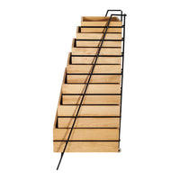 Wooden display rack with natural wood finish and black metal accents, featuring a slanted design with multiple shelves.