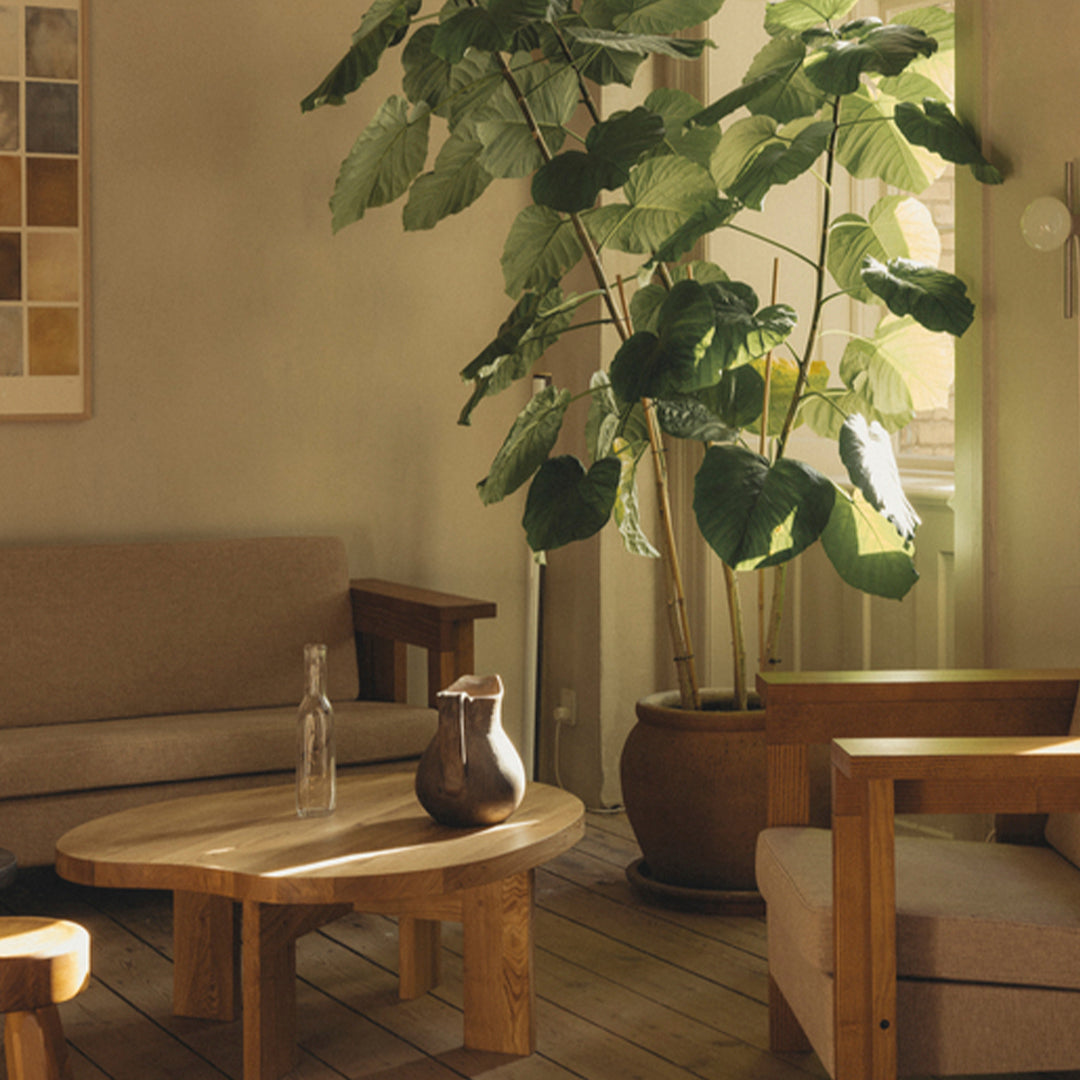 Cozy living room with neutral beige sofa, wooden furniture, and vibrant green leaves of a large plant. Warm, inviting colors.