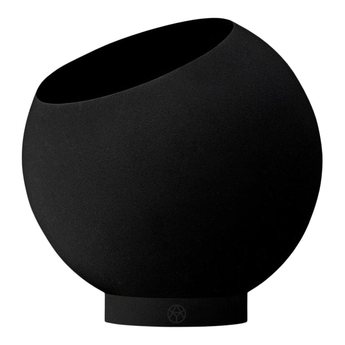 Black spherical planter with a matte finish and a unique asymmetrical opening. Sleek, modern design for contemporary decor.