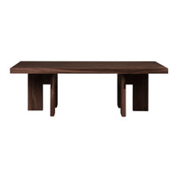 Dark walnut wood coffee table with a minimalist design and angular legs. Perfect for modern decor.