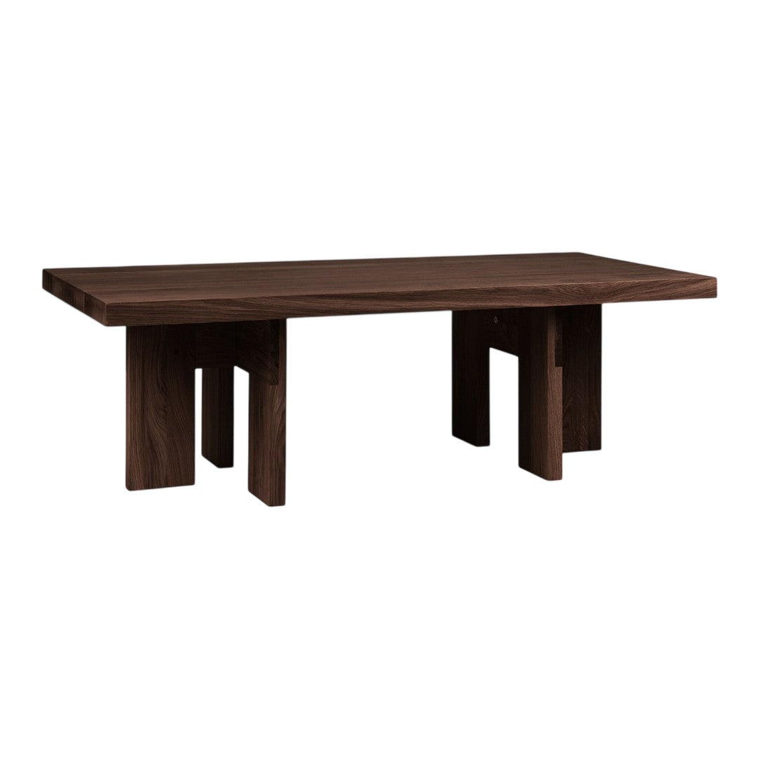 Dark wooden coffee table with a smooth finish and minimalistic design. Simple, modern lines provide a stylish touch.