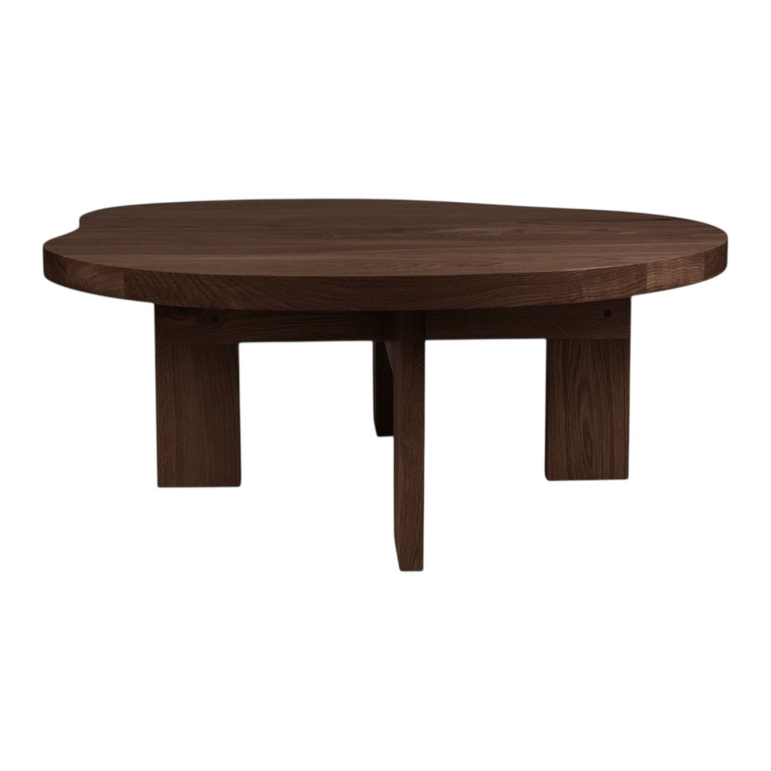 Round wooden coffee table in rich brown finish with a unique organic edge design. Simple, modern aesthetic.