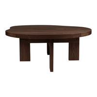 Round wooden coffee table in rich brown finish with a unique organic edge design. Simple, modern aesthetic.