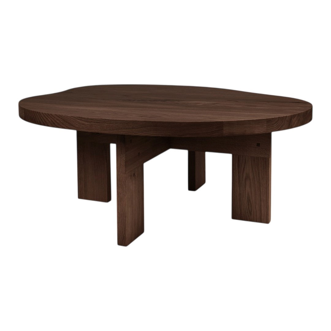 Dark walnut wood coffee table with a smooth, round surface and minimalist design. Ideal for modern living spaces.