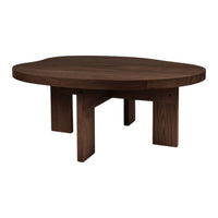 Dark walnut wood coffee table with a smooth, round surface and minimalist design. Ideal for modern living spaces.
