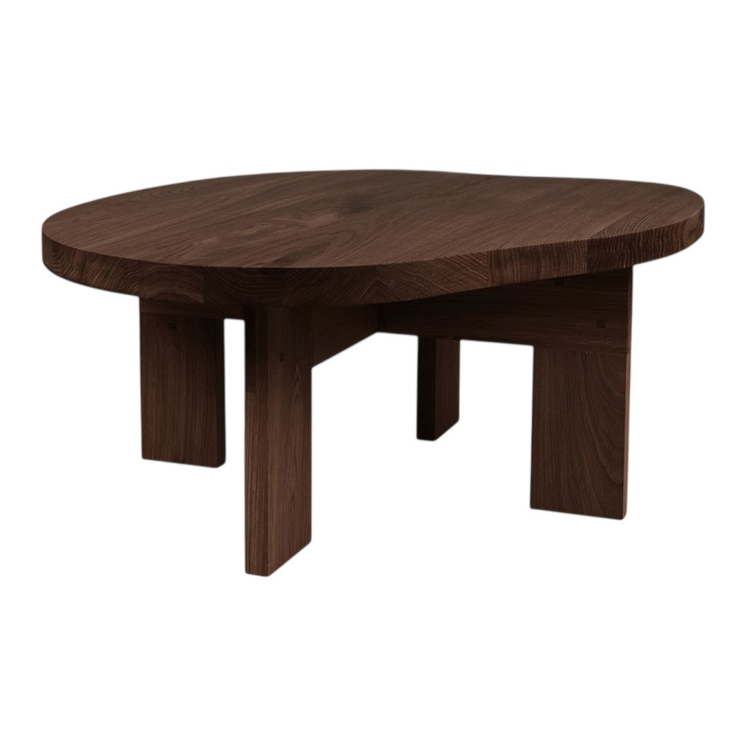Round wooden coffee table in rich walnut finish with a smooth, solid surface and minimalist design.