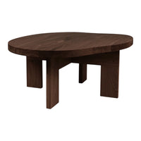 Round wooden coffee table in rich walnut finish with a smooth, solid surface and minimalist design.