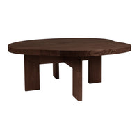 Round dark wood coffee table with a smooth surface and natural grain pattern, perfect for contemporary living spaces.