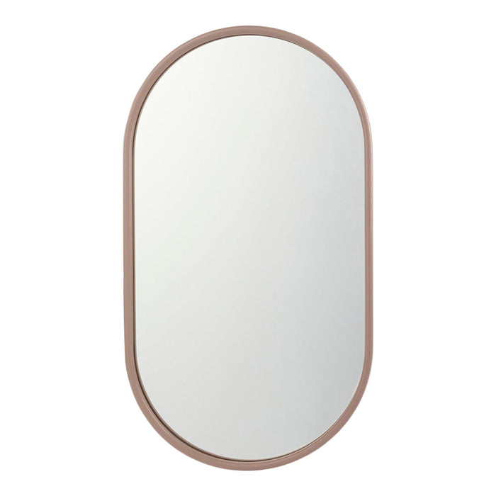 Oval mirror with a soft blush pink frame, featuring a sleek, minimalist design and a smooth reflective surface.