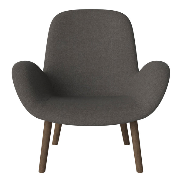 Dark gray fabric chair with smooth curves and wooden legs, perfect for modern decor.