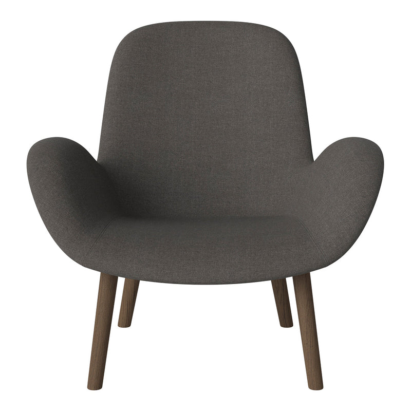 Dark gray fabric chair with smooth curves and wooden legs, perfect for modern decor.
