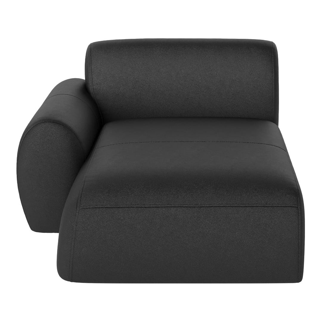 Black upholstered modern chaise lounge with a smooth, minimalistic design and sleek lines. Perfect for contemporary spaces.