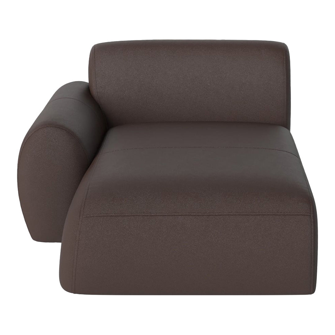 Brown upholstered lounge chair with a sleek, modern design. Smooth texture enhances its minimalist aesthetic.