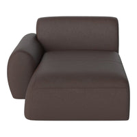 Brown upholstered lounge chair with a sleek, modern design. Smooth texture enhances its minimalist aesthetic.