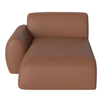 Brown leather chaise lounge with smooth, matte finish and minimalistic design. Perfect for modern interiors.