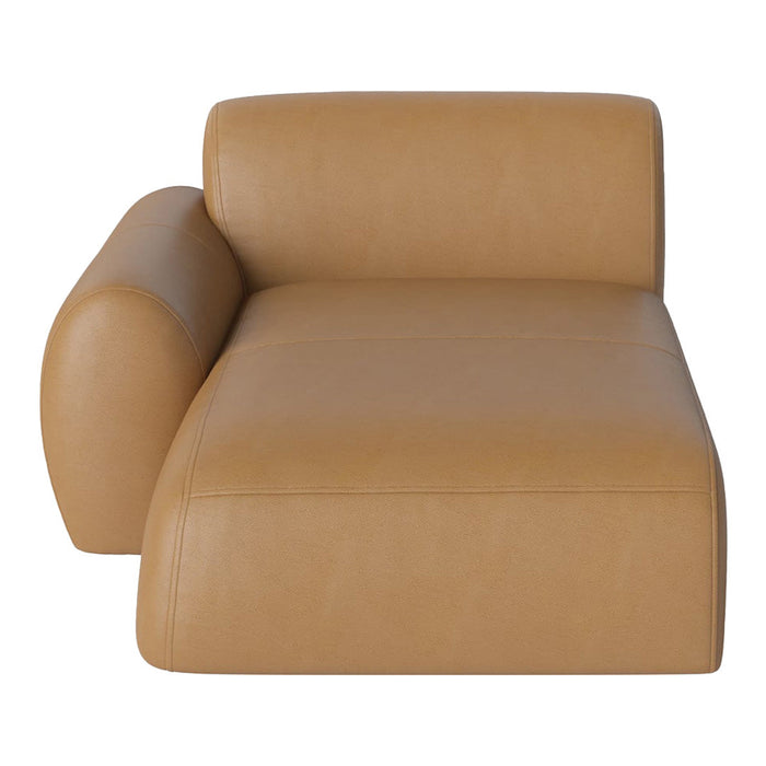 Tan leather chaise lounge with smooth texture and minimalistic design, perfect for modern decor.