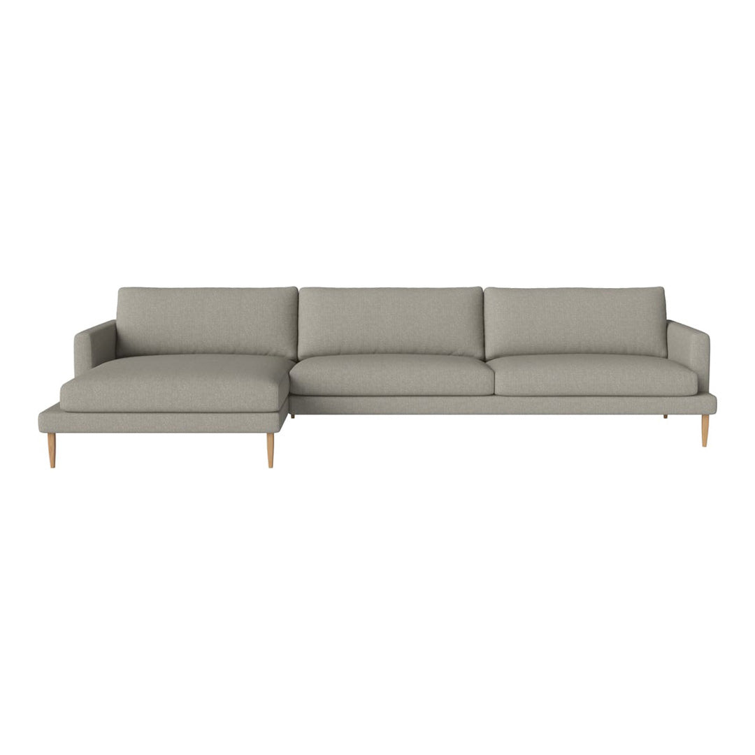 Light gray modern sectional sofa with clean lines and smooth fabric, featuring wooden legs for a minimalist look.
