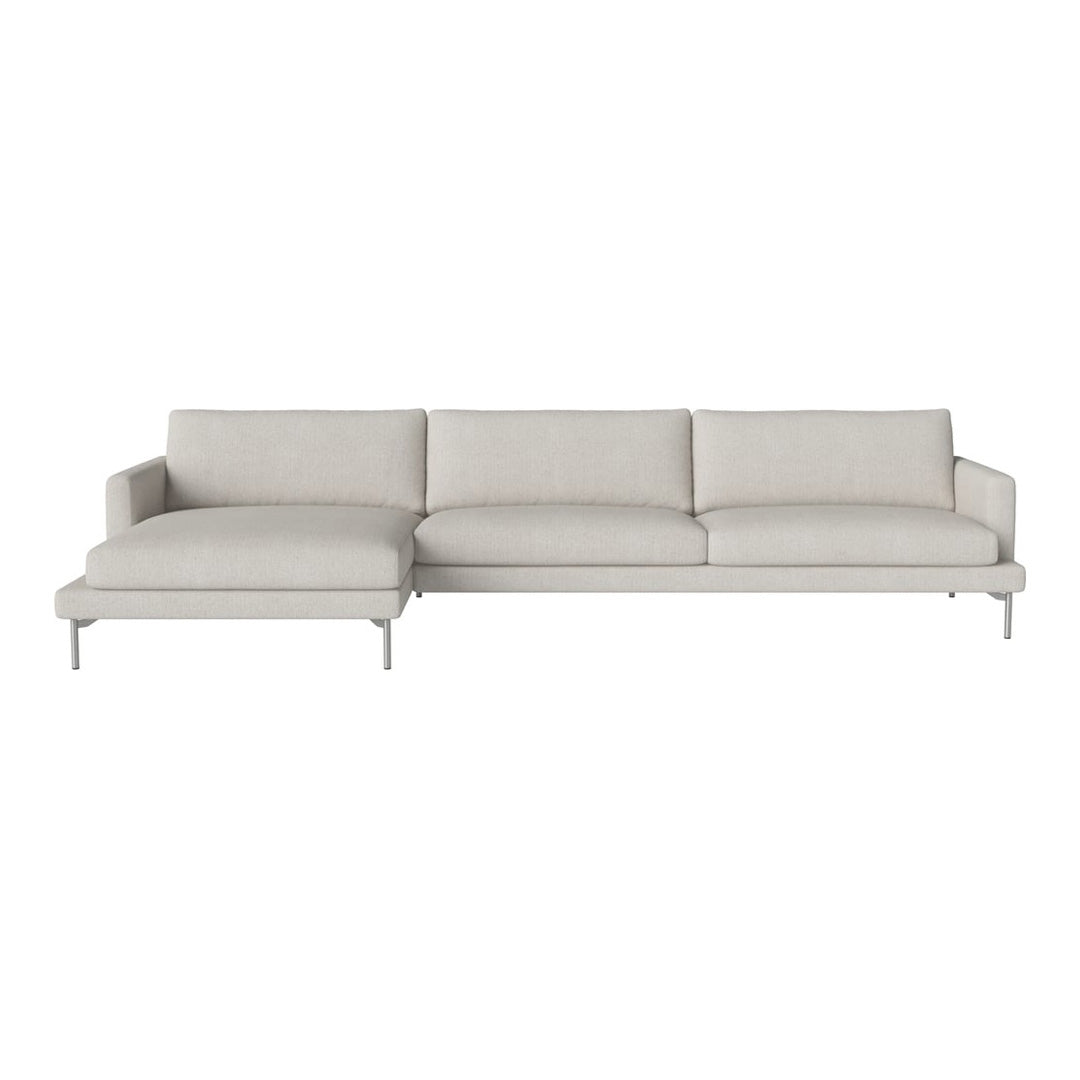 Light gray sectional sofa with clean lines and minimalistic design, featuring a smooth fabric texture.