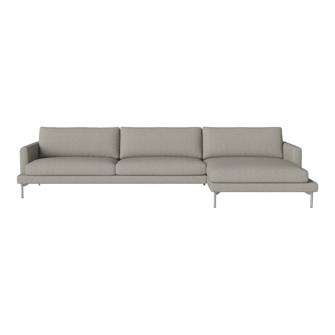 Light gray sectional sofa with sleek design and smooth fabric, featuring a modern minimalist style.