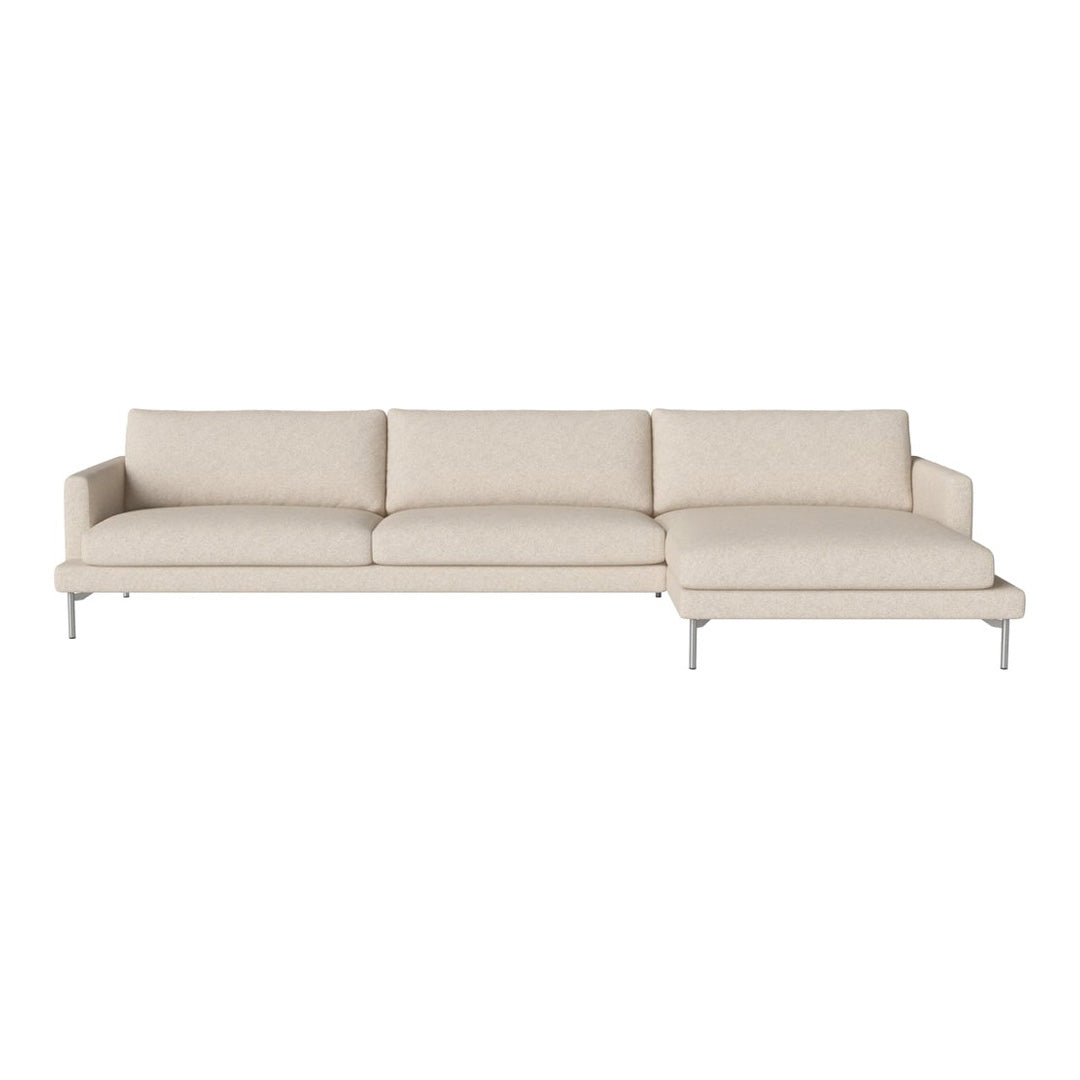 Cream-colored sectional sofa with a sleek, minimalist design and smooth fabric upholstery. Ideal for modern decor.
