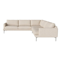 Beige sectional sofa with a minimalist design and soft, textured fabric. Ideal for modern living spaces.