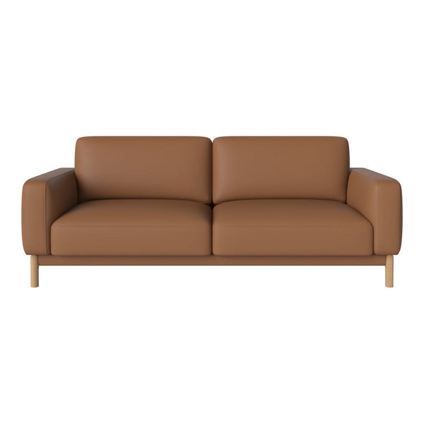 Stylish brown leather sofa with a sleek design and wooden legs, perfect for modern living spaces.