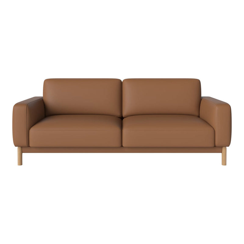 Stylish brown leather sofa with a sleek design and wooden legs, perfect for modern living spaces.
