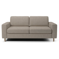Light gray sofa with a smooth fabric texture and simple, modern design; ideal for contemporary living spaces.