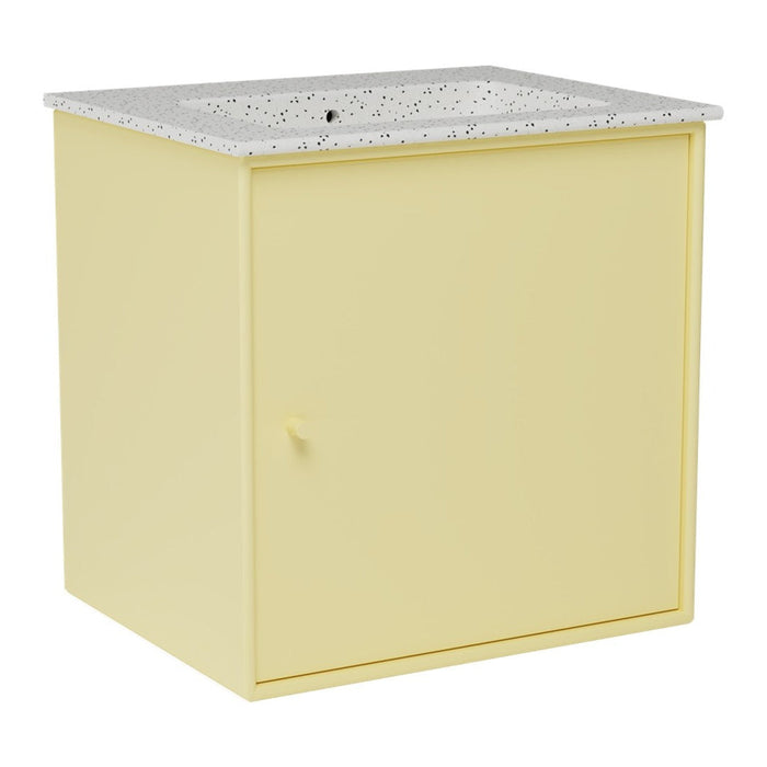 Yellow storage cabinet with a speckled white top, featuring a simple design and a single door.