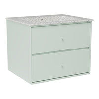 Light green storage cabinet with a speckled white countertop and minimalist design. Ideal for modern decor.