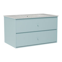 Light blue vanity with a speckled gray countertop and two spacious drawers. Modern and stylish design for any bathroom.