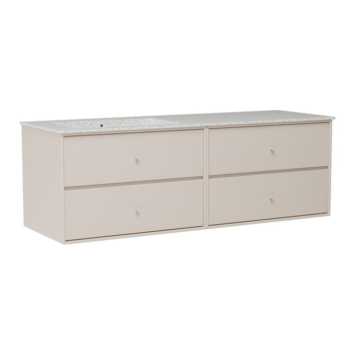 Light beige dresser with a smooth finish and minimalistic design, featuring four drawers and a subtle pattern.