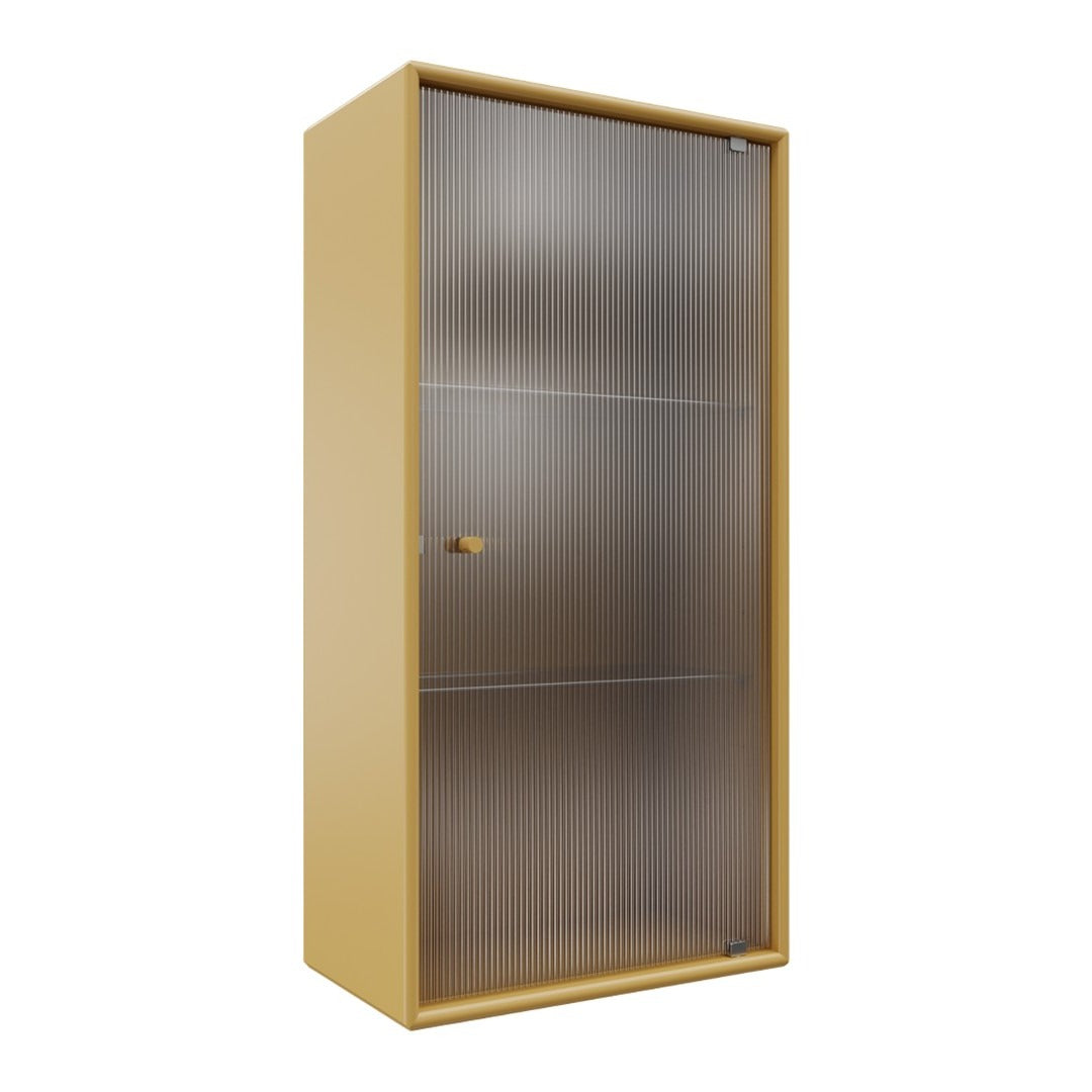 Yellow and silver cabinet with a textured, ribbed pattern on the doors, featuring a simple handle.