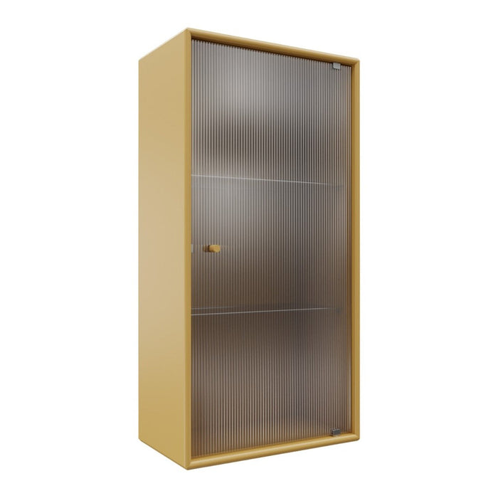 Yellow and silver cabinet with a textured, ribbed pattern on the doors, featuring a simple handle.