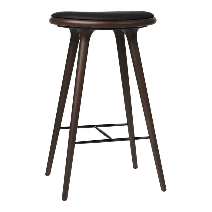 "Mid-century modern bar stool with a dark wood finish and sleek black seat, featuring minimalist design and clean lines."