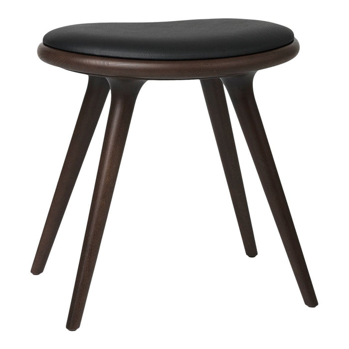 Stylish black upholstered stool with a smooth round seat and dark wooden legs, featuring a modern minimalist design.