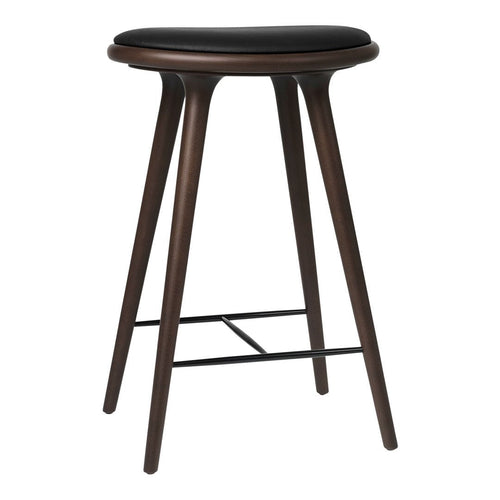 Black upholstered stool with a dark wood frame and sleek legs, featuring a minimalist design for modern interiors.