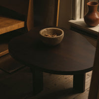 Dark wooden coffee table with organic shape, featuring a smooth finish and subtle grain patterns. Minimalist decor style.
