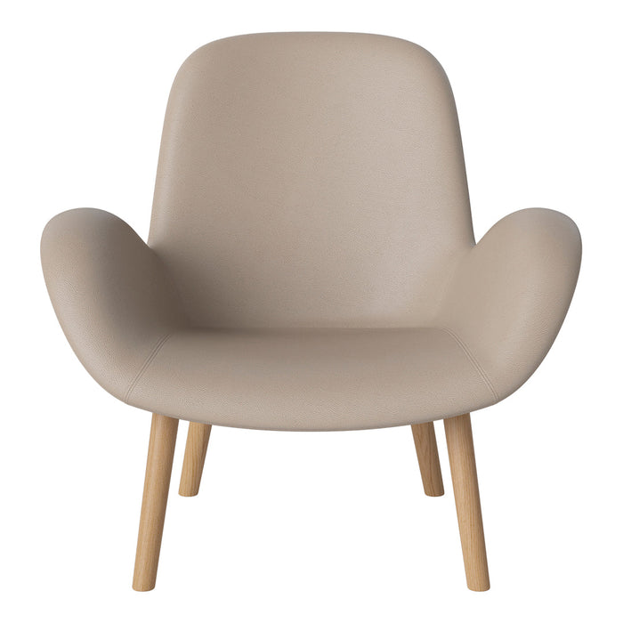 Beige upholstered chair with smooth texture and natural wood legs, perfect for modern minimalist decor.