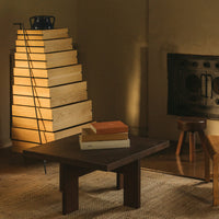 "Modern wooden coffee table in a warm, neutral-toned room, with stacked light and dark books on top."